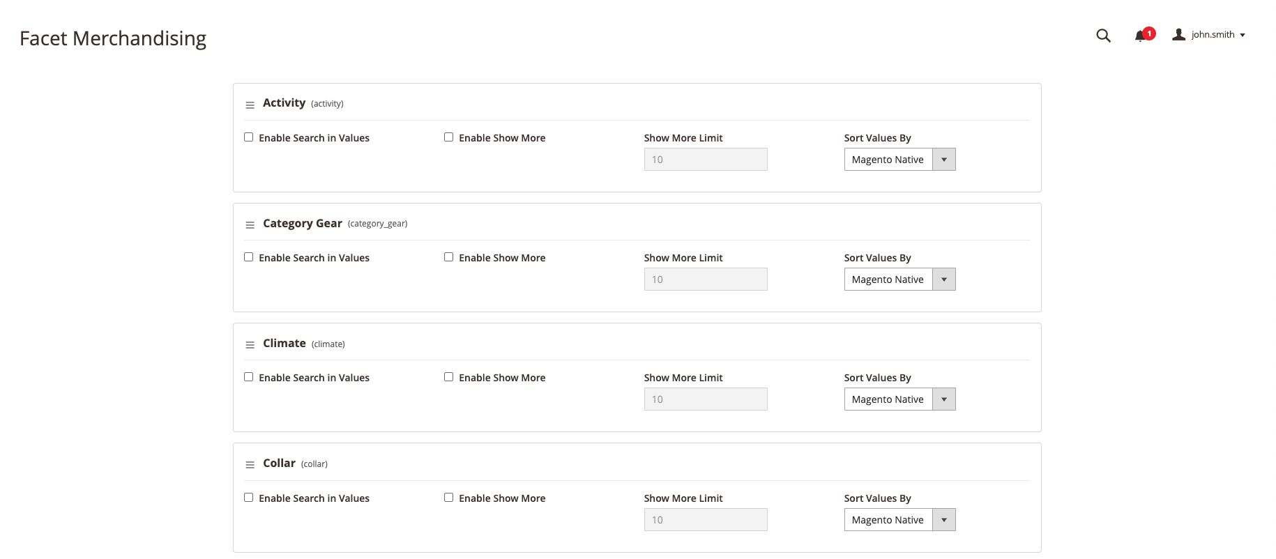 Magento Admin Facets Merchandising