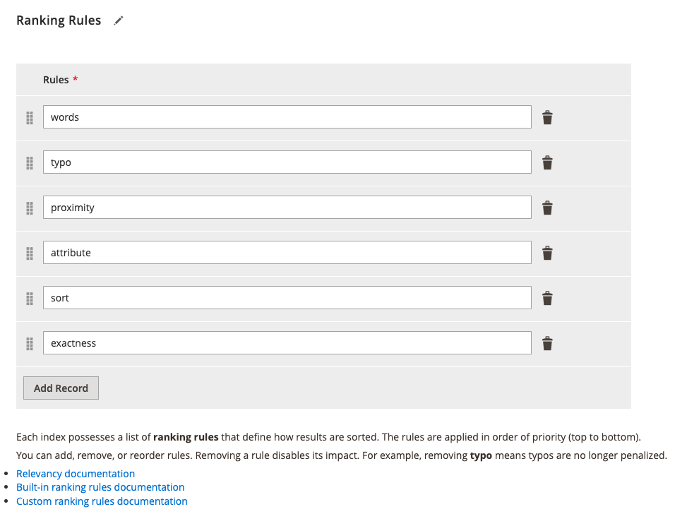 Magento Admin Index Settings Ranking Rules