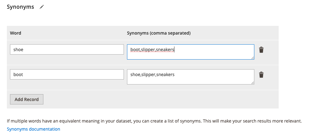 Magento Admin Index Settings Synonyms